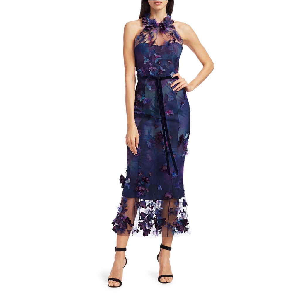 Marchesa Notte Halter Floral Appliqué Navy Dress